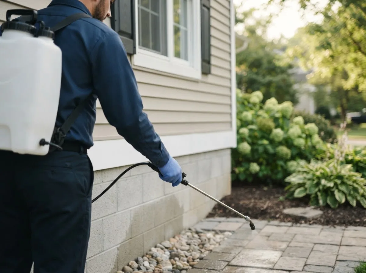 Pest control technician inspecting a home in Billings, OK